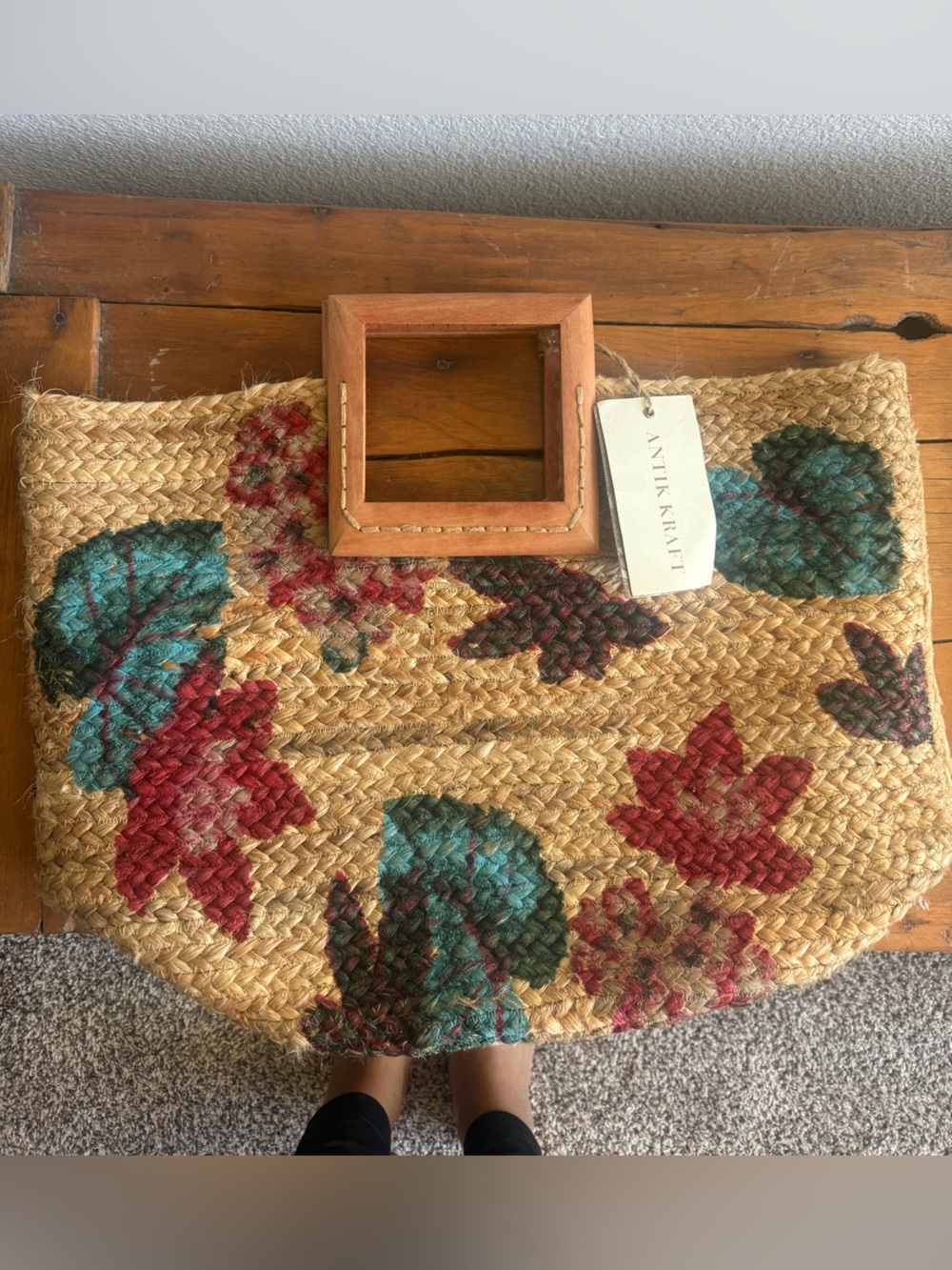 Antik Kraft Natural Jute Placemat with Teal and Red Leaf Pattern Woven tote bag
